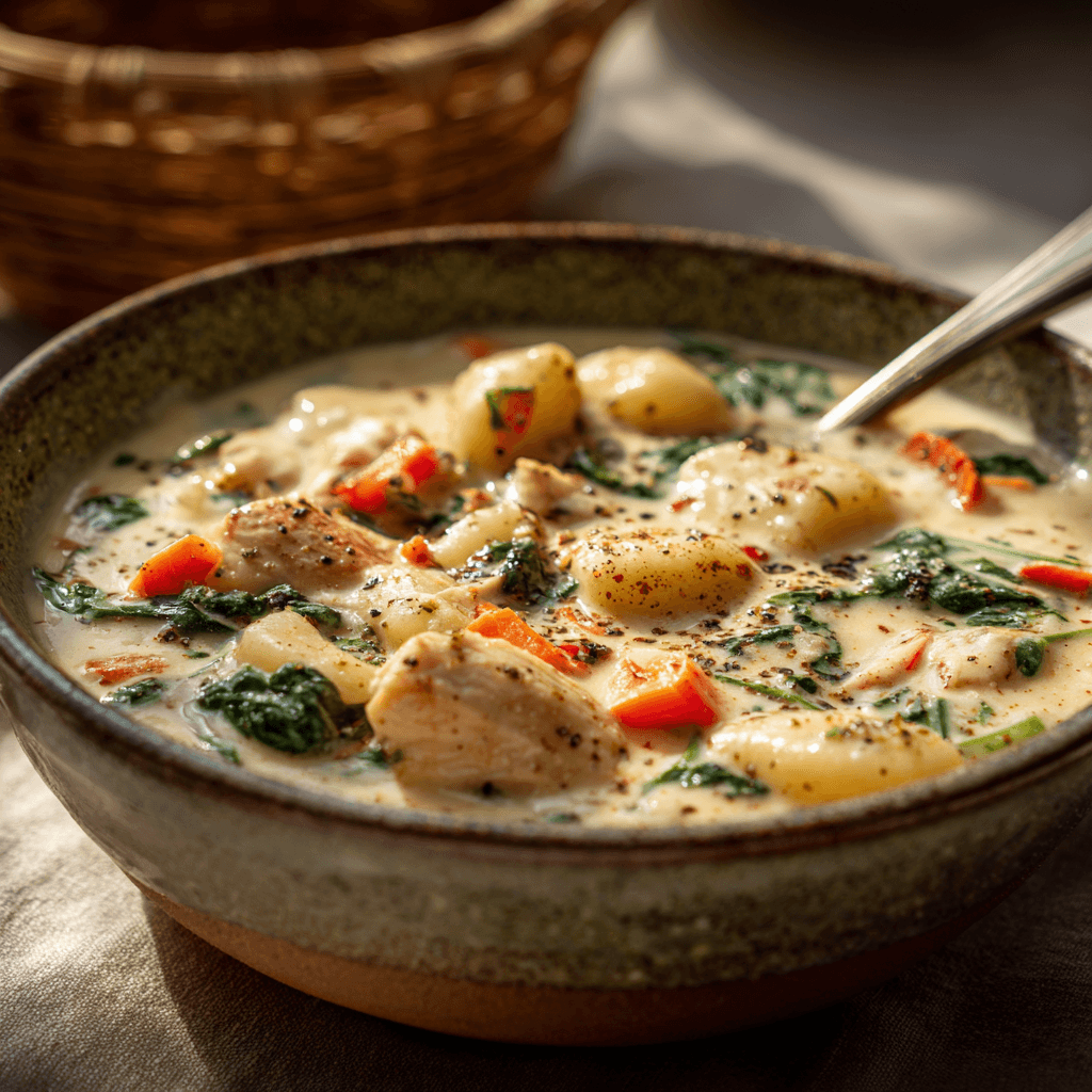 A warm bowl of creamy Olive Garden chicken gnocchi soup, filled with tender potato gnocchi, diced carrots, spinach leaves, and chunks of juicy chicken in a rich, velvety broth