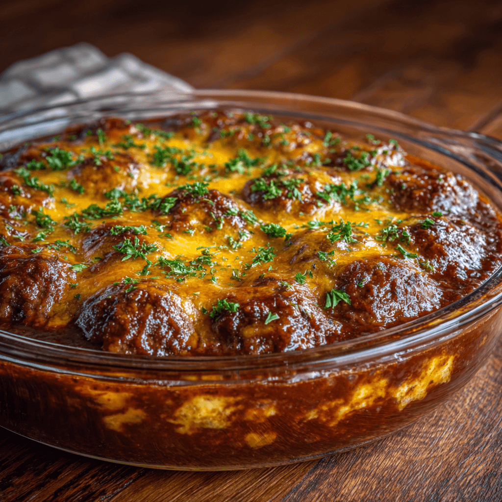 Golden-brown Amish hamburger steak bake in a glass dish topped with melted cheese, rich brown gravy, and parsley garnish — warm, rustic comfort food with soft golden lighting.