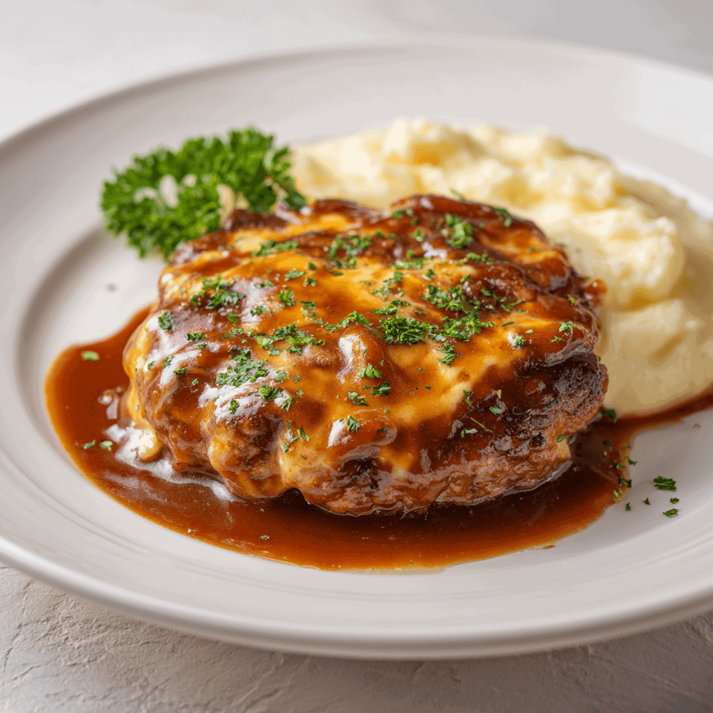 Close-up of Amish hamburger steak topped with melted cheese and gravy, served on a white plate with parsley garnish — realistic homestyle comfort food in natural daylight.