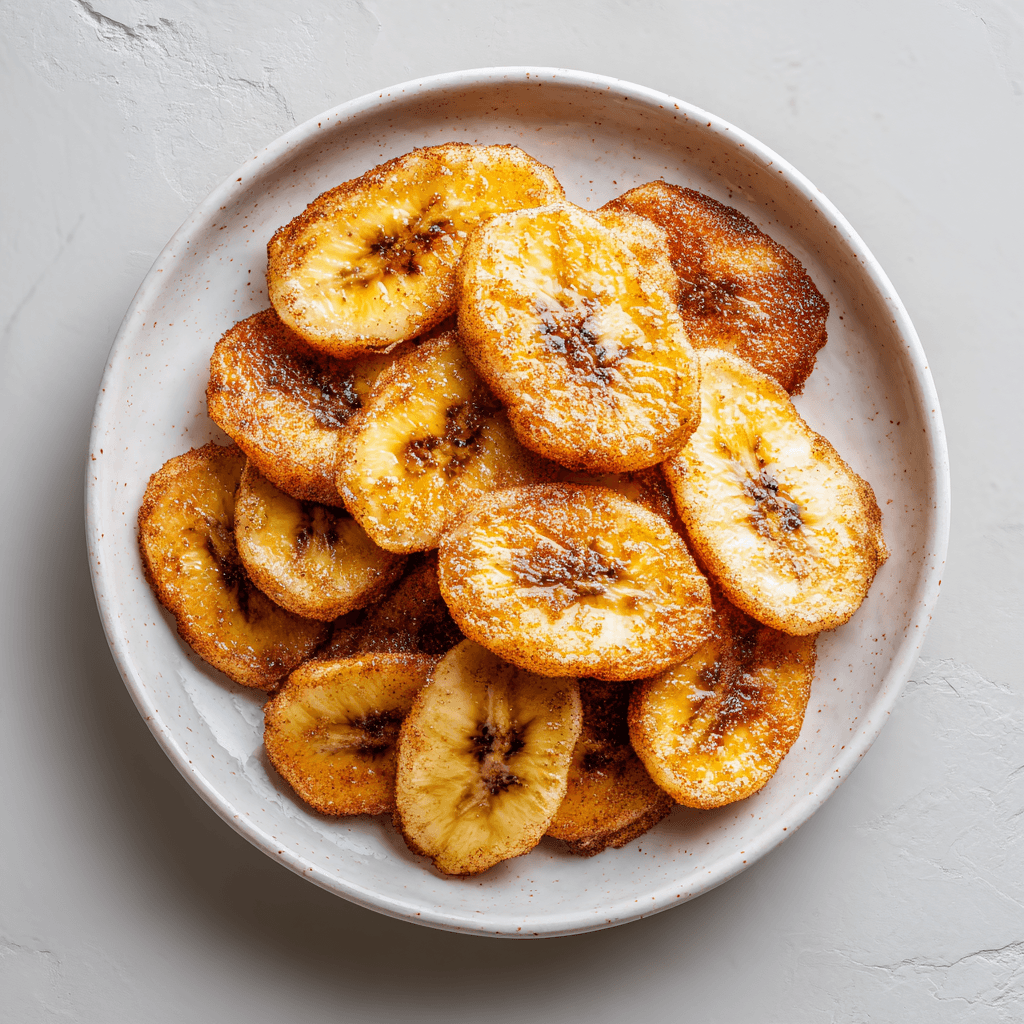 Beautifully plated air fryer banana chips presented neatly on a clean white ceramic plate. 