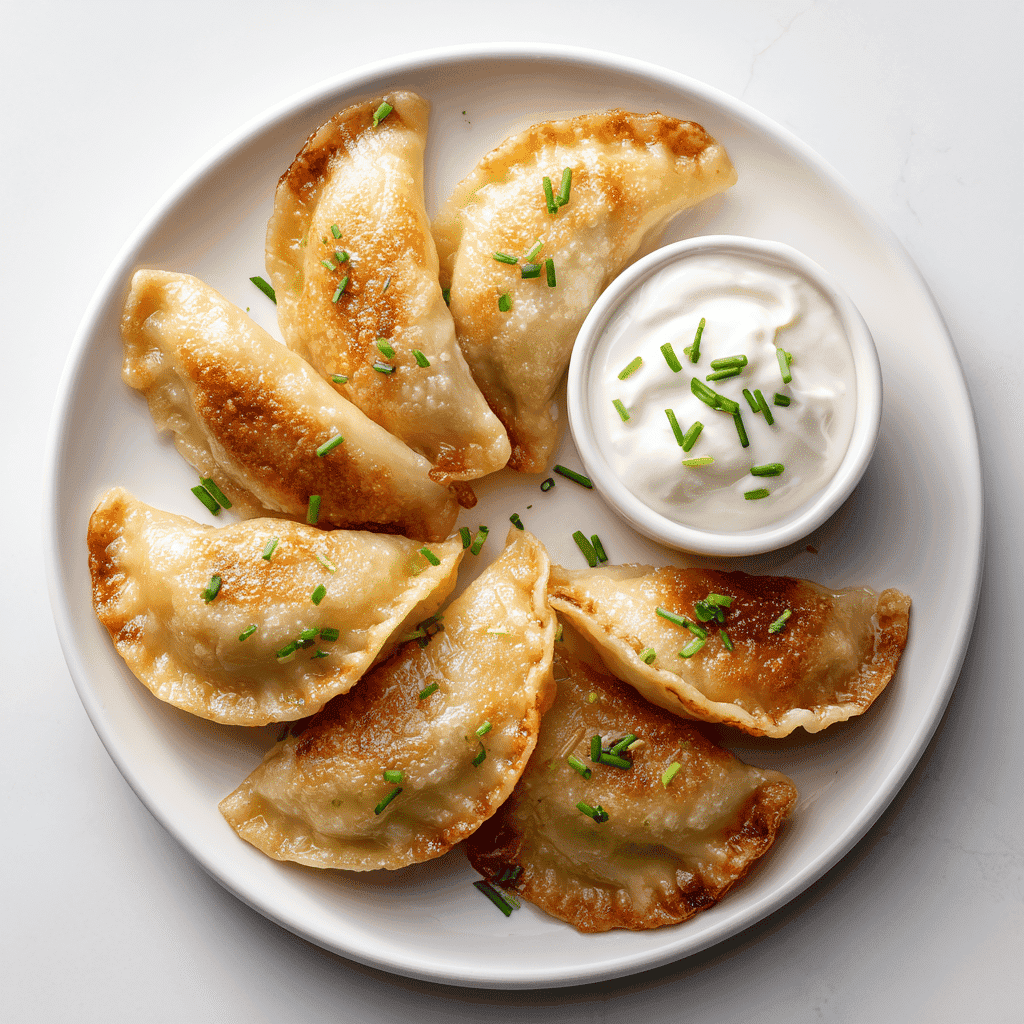 Beautifully plated air fryer pierogies on a clean white plate, served with a small bowl of creamy sour cream and fresh chive garnish.