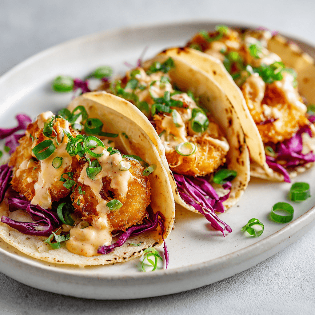 Beautifully styled air fryer bang bang shrimp tacos served on a pristine white ceramic plate