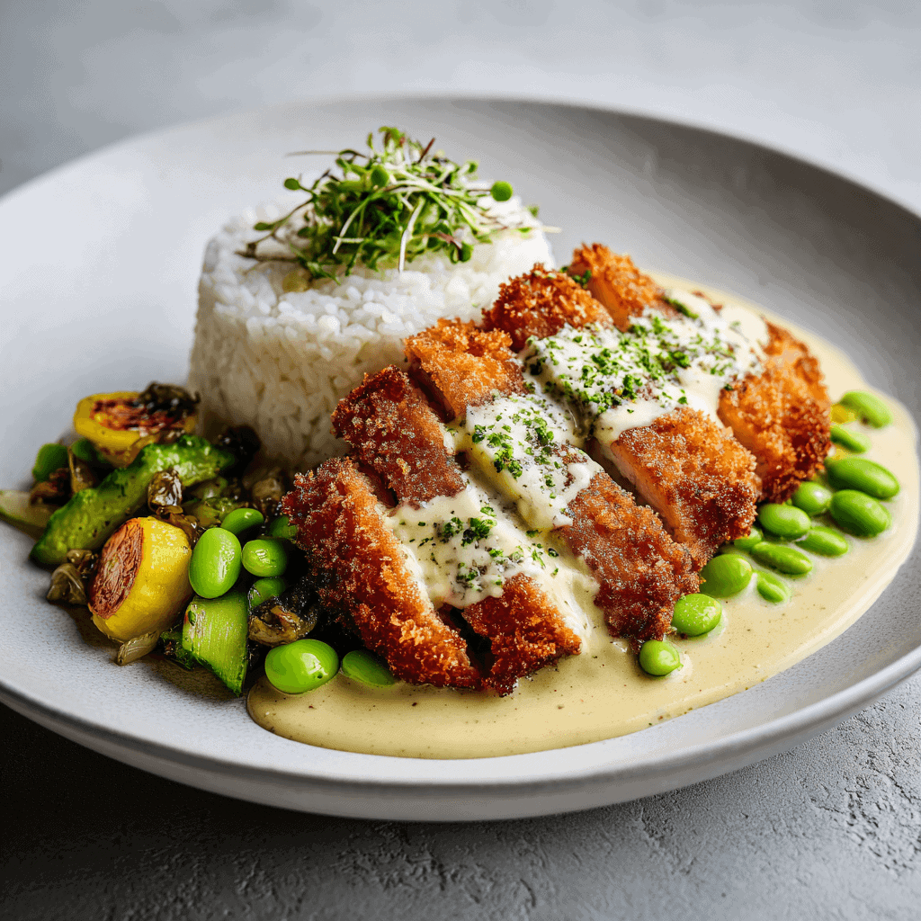 Close-up of crispy golden chicken katsu slices over rice with edamame, zucchini, and creamy drizzle in a white bowl — realistic Japanese comfort food with bright natural lighting.
