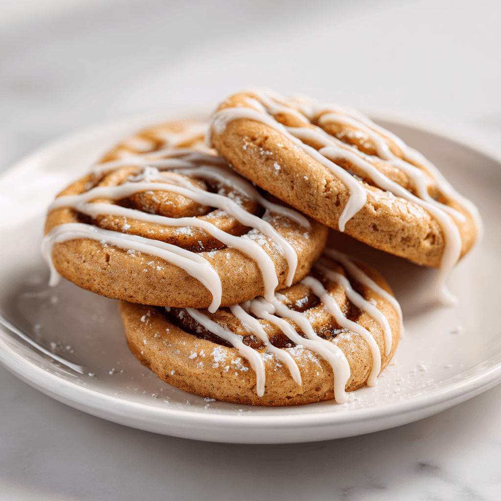 White plate with cinnamon roll cookies topped with icing in soft natural light.