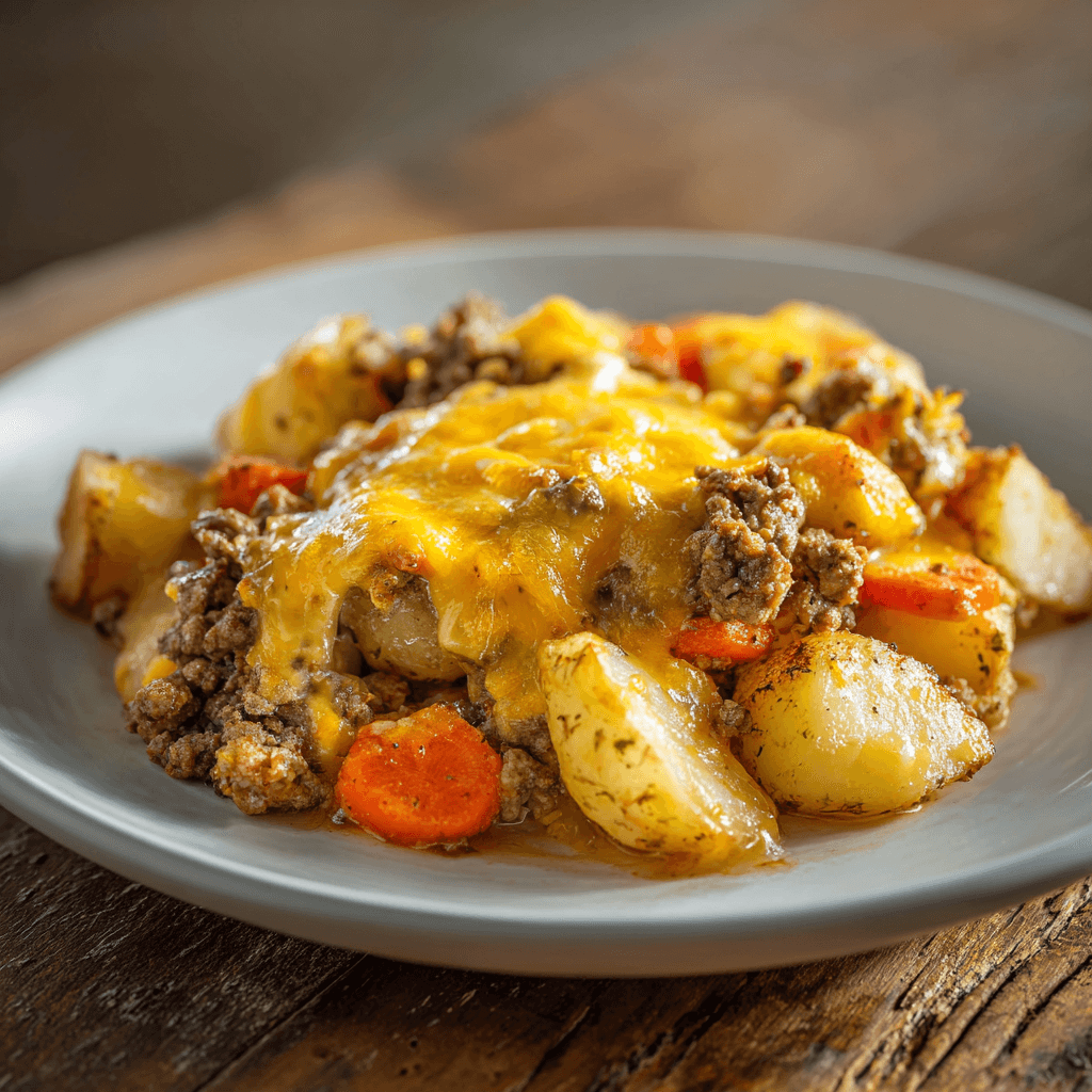 Close-up of homemade Hobo casserole with ground beef, golden potatoes, carrots, and melted cheddar cheese on a white plate — rustic comfort food in warm natural light.