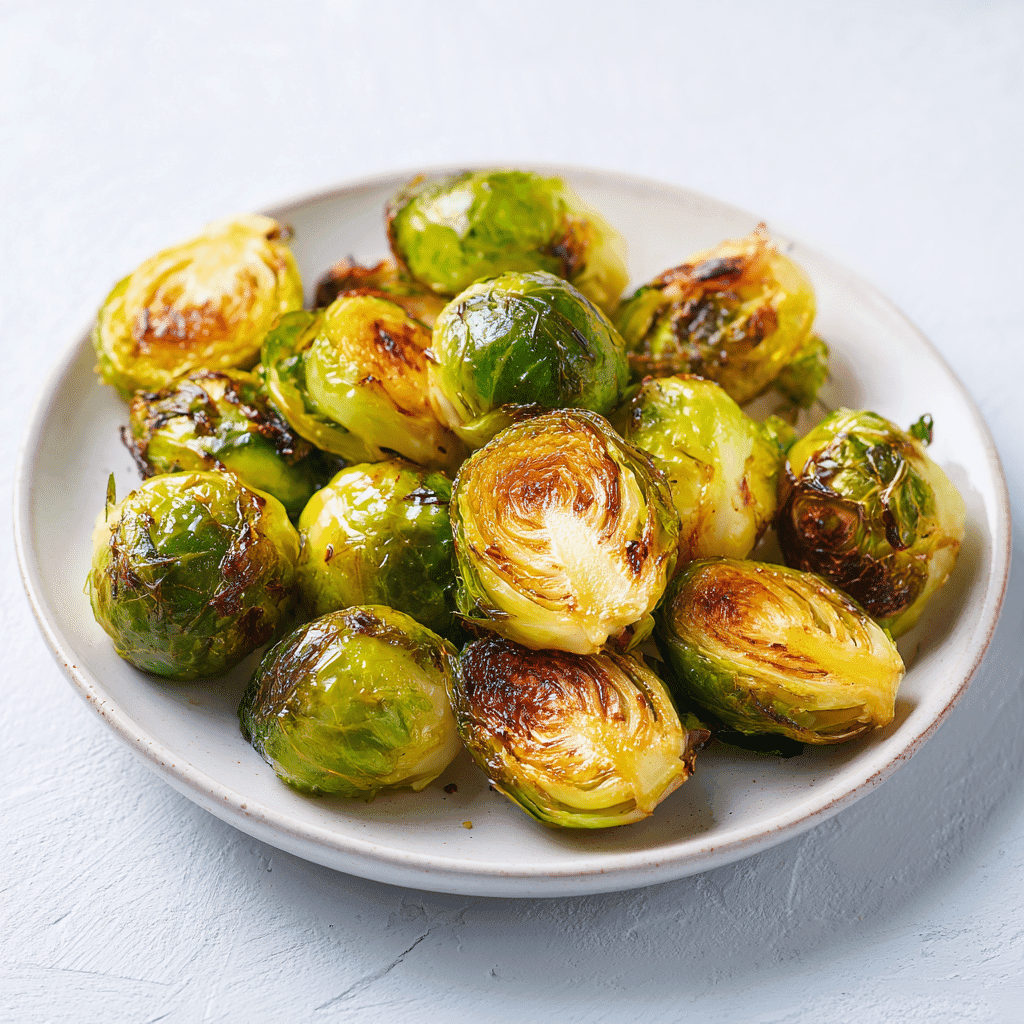 Crispy Air Fryer Brussels Sprouts - Best Brussels Ever ! 3 Clean, professional presentation of air fryer Brussels sprouts on a white ceramic plate