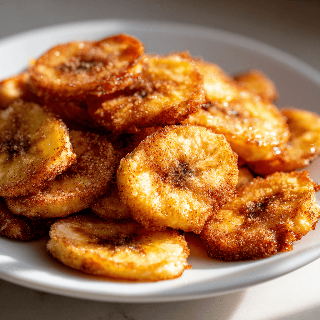 Close-up food photography of air fryer banana chips, perfectly golden brown with a light dusting of cinnamon and sugar.