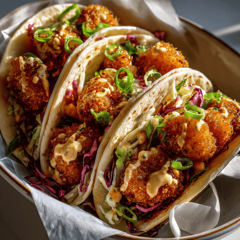 Close-up food photography of air fryer bang bang shrimp tacos with golden, crispy shrimp coated in a creamy spicy sauce, nestled in soft flour tortillas.