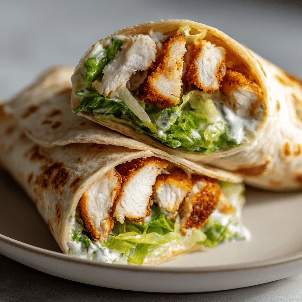 Close-up food photography of air fryer chicken wraps cut in half to reveal juicy, golden-brown chicken pieces with crisp edges, fresh lettuce, and creamy ranch dressing wrapped in a soft flour tortilla