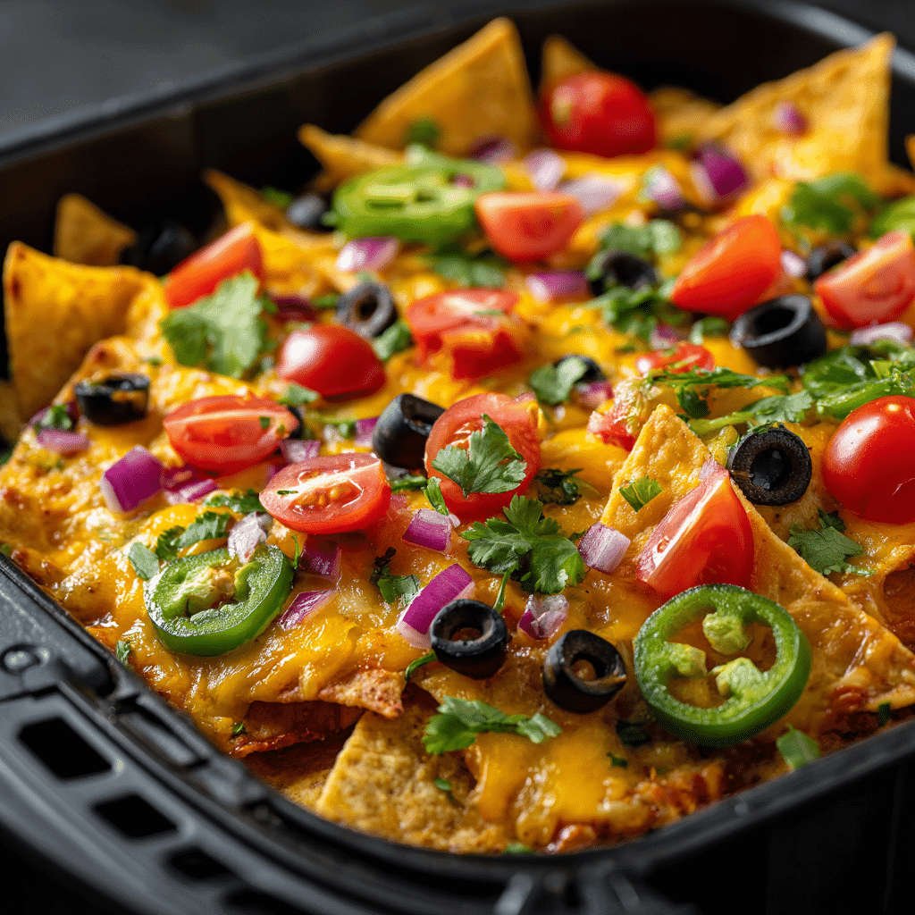 Close-up image of air fryer nachos directly inside the air fryer basket. Perfectly melted cheese over golden tortilla chips topped with fresh tomatoes, black olives, jalapeños, red onions, and cilantro