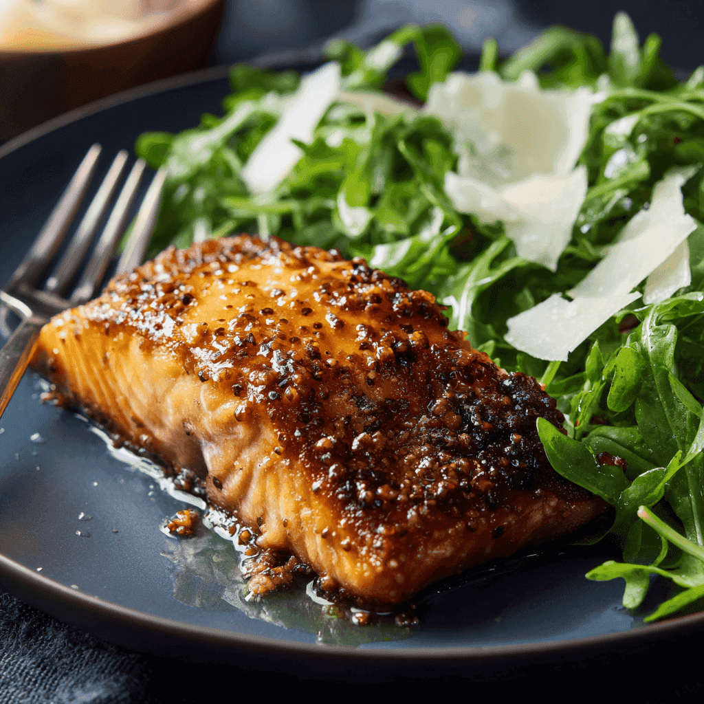 The Best Air Fryer Salmon Recipe - Best Method in 2025 ! 2 Close-up food photography of air fryer salmon glazed with coarse grain mustard and honey, served on a matte navy-blue plate beside a bed of fresh arugula topped with thin shavings of parmesan.