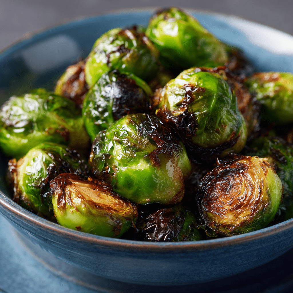 Crispy Air Fryer Brussels Sprouts - Best Brussels Ever ! 2 Close-up food photography of crispy air fryer Brussels sprouts in a blue ceramic bowl, perfectly roasted with dark caramelized edges and bright green centers