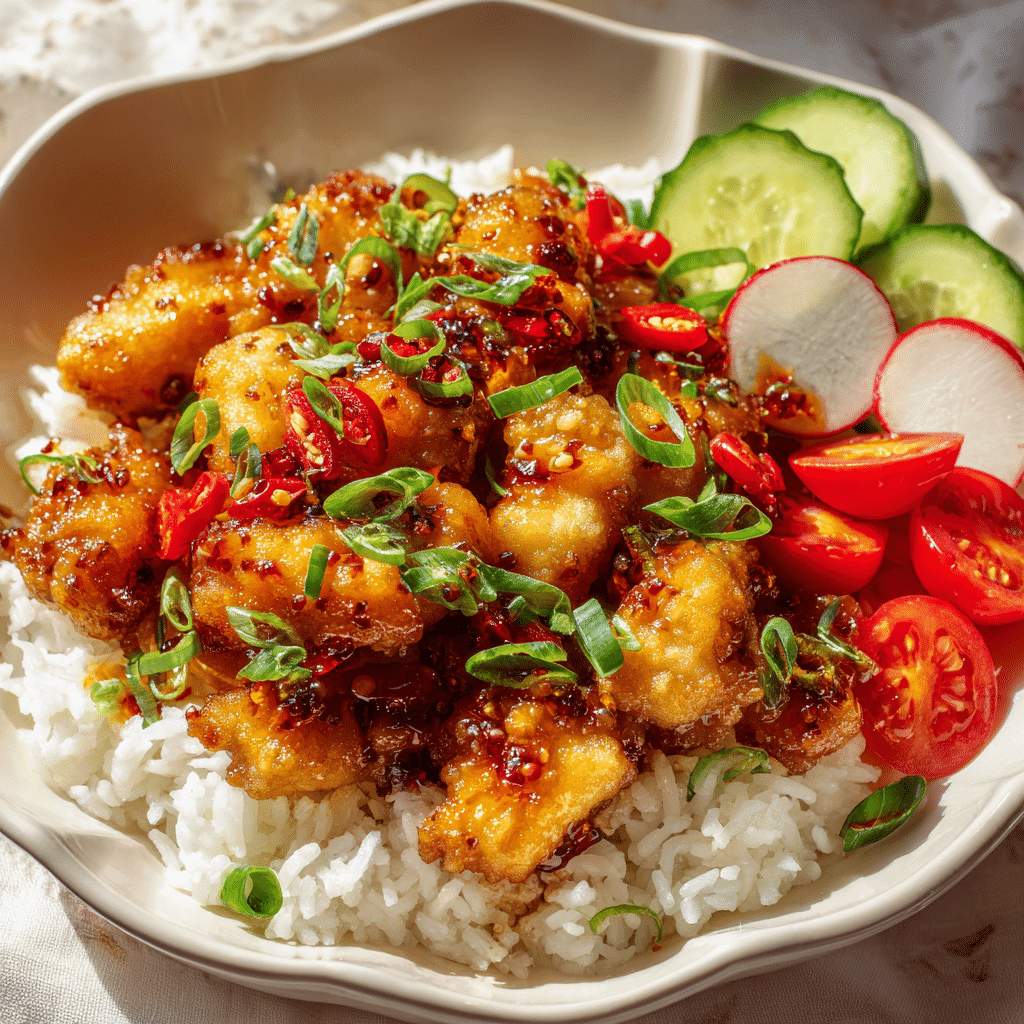 Crispy Air Fryer Sweet Chili Chicken 2 Close-up food photography of crispy air fryer sweet chili chicken served over fluffy white rice in a scalloped white bowl.
