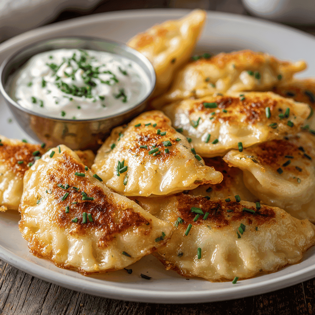 Close-up food photography of golden air fryer frozen pierogies arranged neatly on a white ceramic plate, lightly browned with crisp edges and soft centers. 