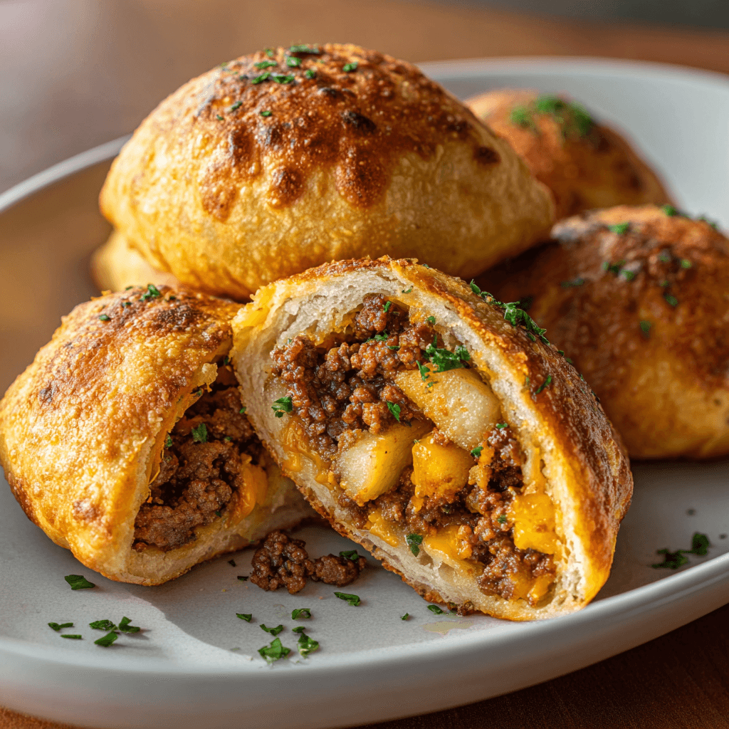 Air Fryer Taco Bombs: Crispy, Cheesy Perfection in Minutes 2 Close-up food photography of golden air fryer taco bombs with flaky, buttery crusts and a savory beef and cheese filling.