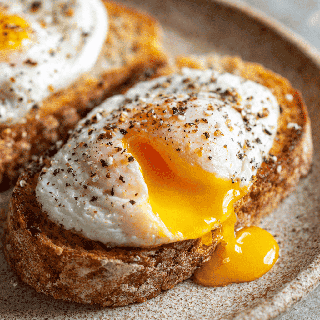 Close-up image of two air fryer poached eggs resting on toasted sourdough slices