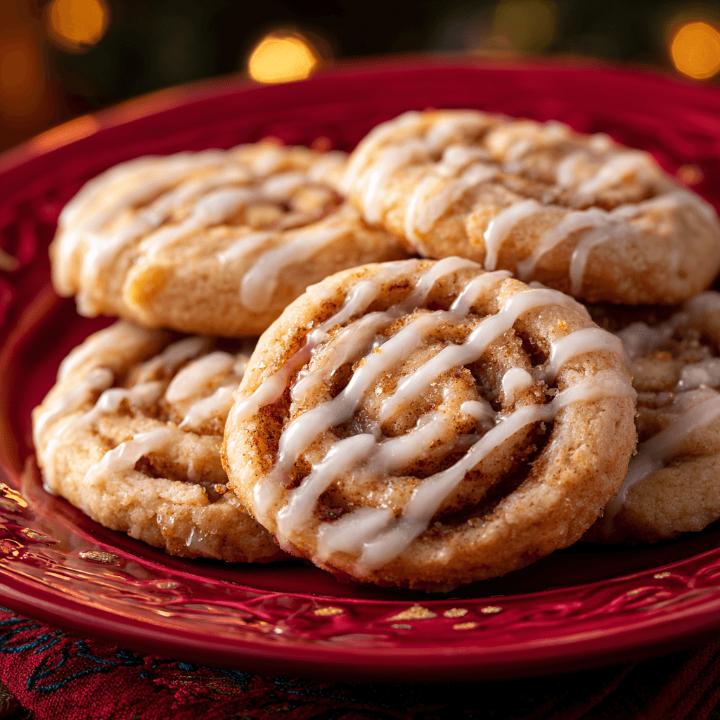 Close-up of cinnamon roll cookies topped with vanilla icing on a red plate under warm light.