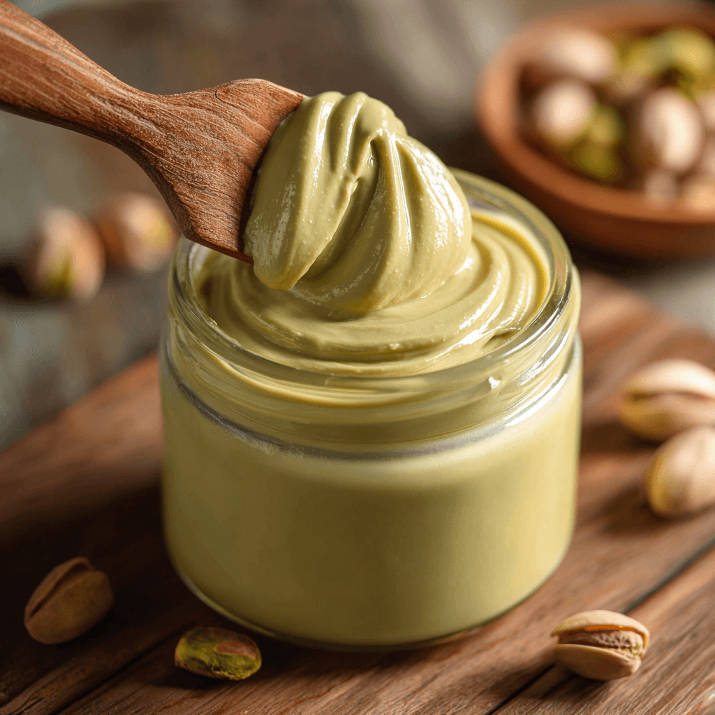 Delicious Homemade Pistachio Cream Recipe (Crema al Pistacchio) 1 Close-up of homemade pistachio cream in a glass jar with a wooden spatula lifting the creamy spread.