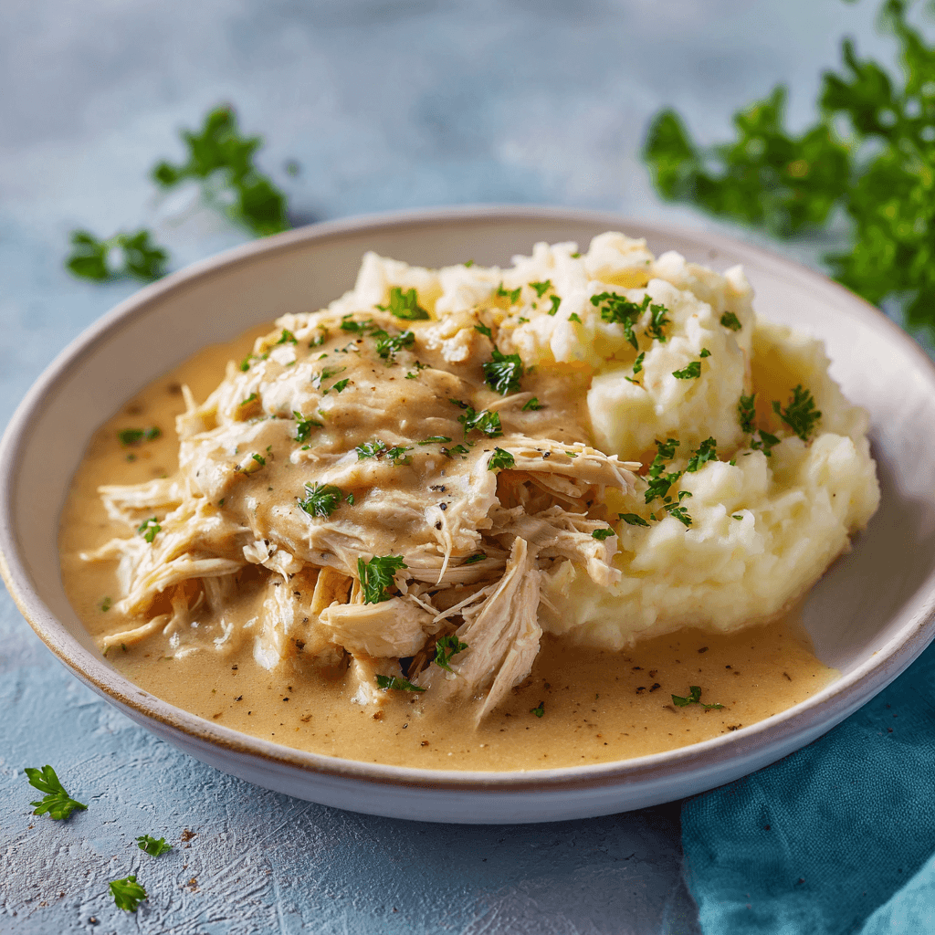 Beautifully plated chicken and gravy with mashed potatoes on a clean white plate under natural daylight.