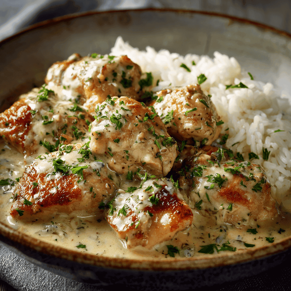 Close-up of creamy smothered chicken served over white rice, topped with fresh parsley and rich golden sauce in a ceramic bowl — realistic home-style comfort food photography with natural lighting.