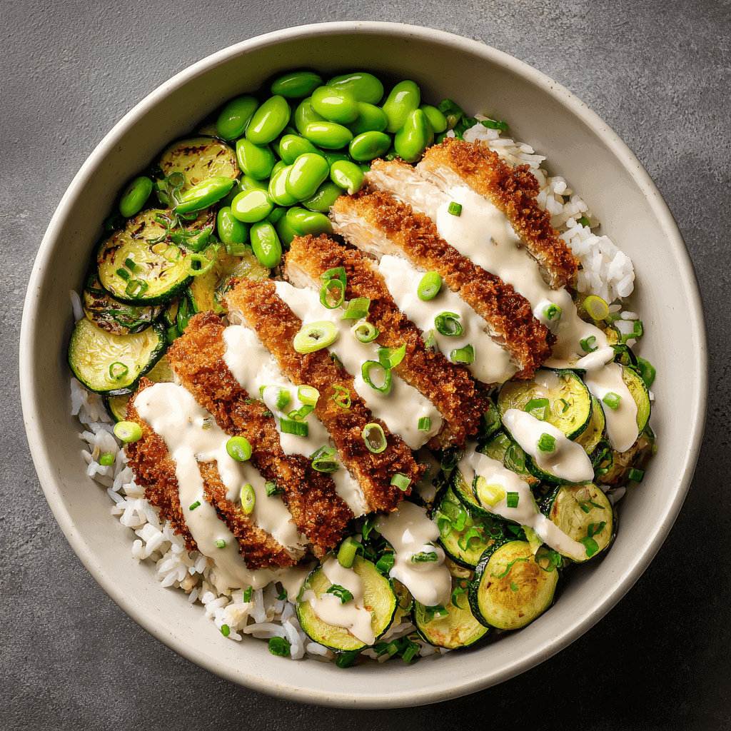 Golden crispy chicken katsu served on white rice with edamame and vegetables on a white plate — soft daylight, clean background, realistic Japanese-inspired food presentation.