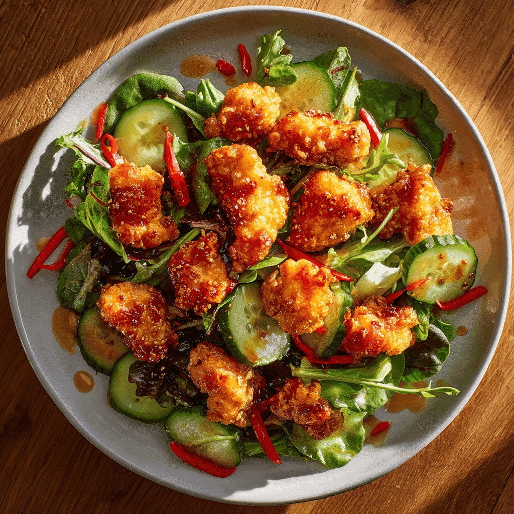 Honey hot chicken salad neatly arranged on a white plate with bright, colorful vegetables and glazed chicken.