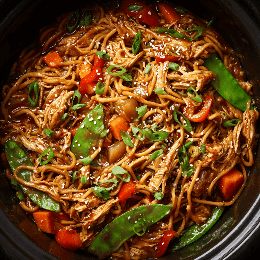 Top-down view of chicken lo mein with noodles, vegetables, and sesame seeds in a glossy savory sauce inside a slow cooker.
