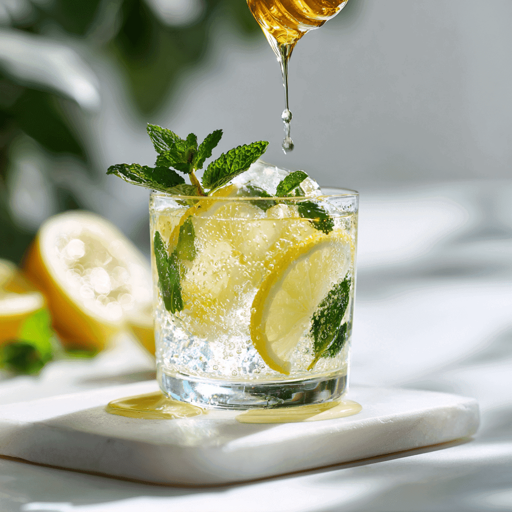 Brazilian Mounjaro drink with lemon slices and honey drizzle on a clean white surface under bright natural light.