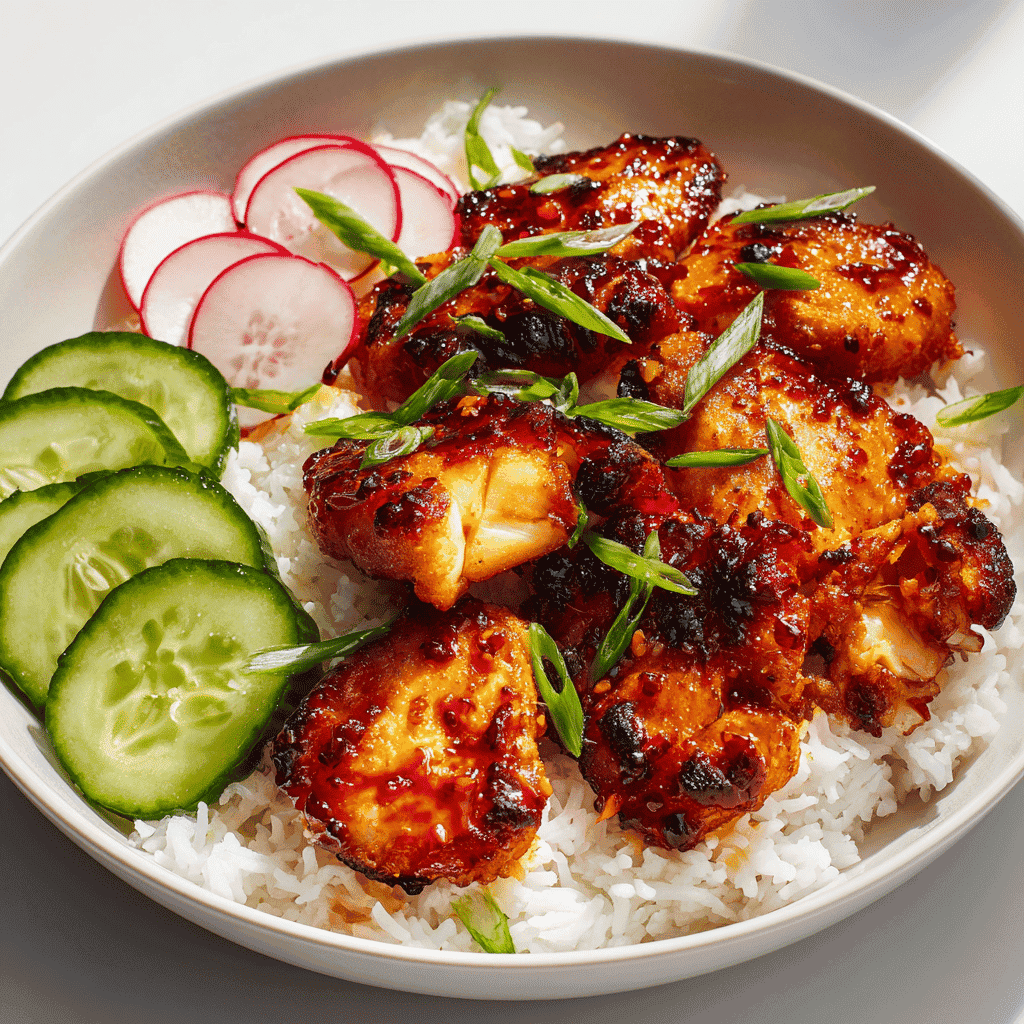 Crispy Air Fryer Sweet Chili Chicken 1 Elegant presentation of crispy air fryer sweet chili chicken plated on a clean white dish with a base of steamed rice, garnished with thinly sliced green onions, cucumbers, and radishes