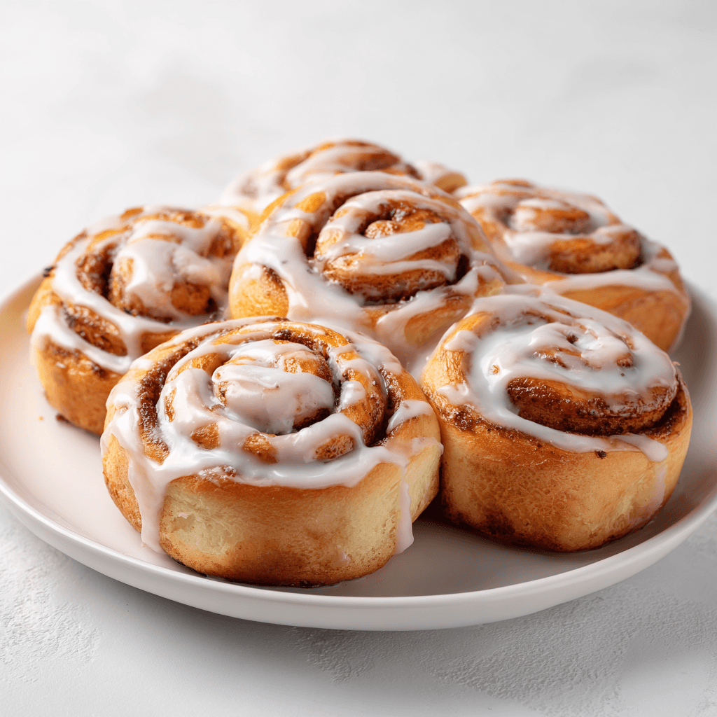 Cinnamon rolls with glossy icing neatly arranged on a clean white plate under soft, bright light.