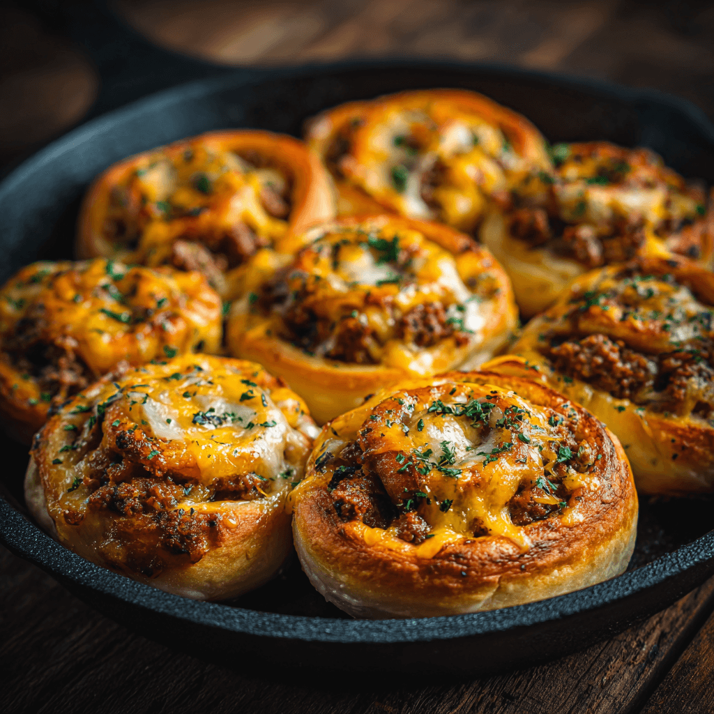 Irresistible Garlic Butter Cheeseburger Rollups: Your New Family Favorite 1 Close-up of golden garlic butter cheeseburger rollups filled with melted cheese and seasoned beef, brushed with butter and sprinkled with parsley in a dark skillet — warm rustic comfort food.