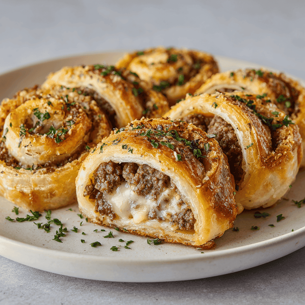 Irresistible Garlic Butter Cheeseburger Rollups: Your New Family Favorite 2 Golden garlic butter cheeseburger rollups with melted cheese and beef filling on a white plate — bright, clean presentation in natural light for modern food photography.