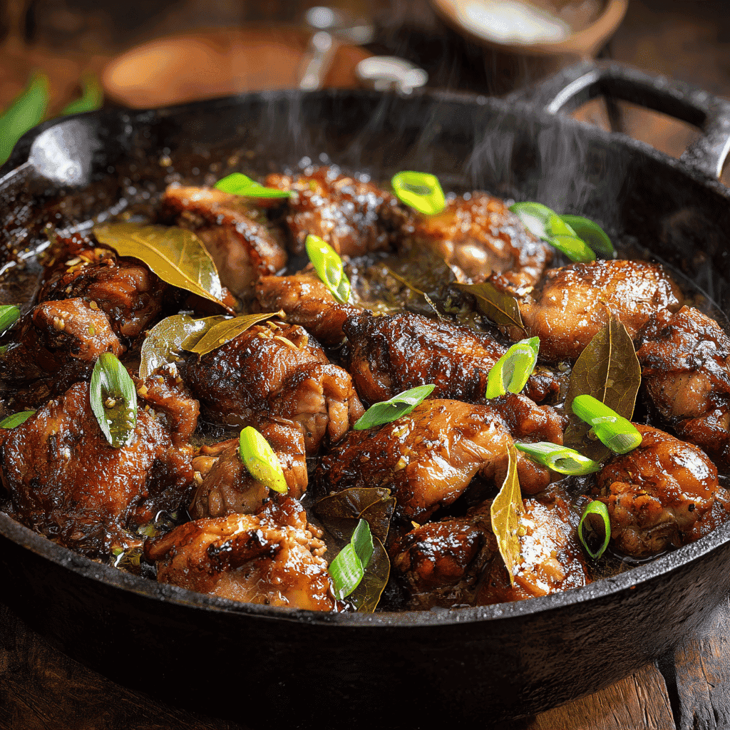 Close-up of Filipino chicken adobo recipe in a skillet with caramelized sauce, bay leaves, and green onions — savory, tender, and authentic Filipino comfort food.