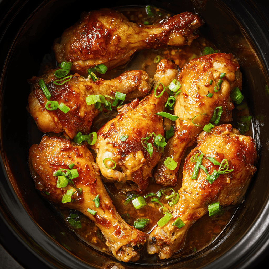 Top-down view of golden glazed chicken drumsticks in a slow cooker, garnished with chopped green onions.