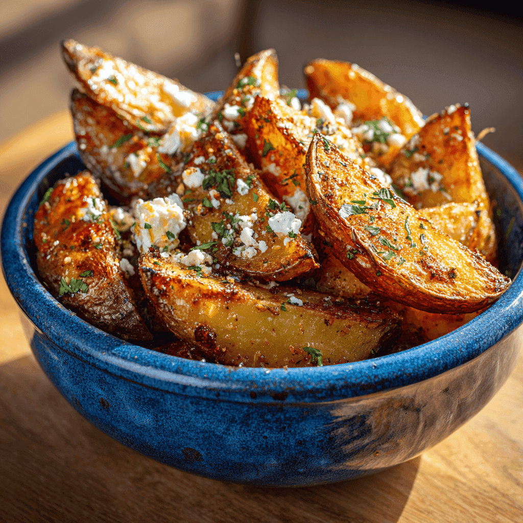 Close-up of golden roasted Greek potatoes topped with crumbled feta, herbs, and lemon zest in a blue bowl — crispy Mediterranean-style potatoes in warm natural light.