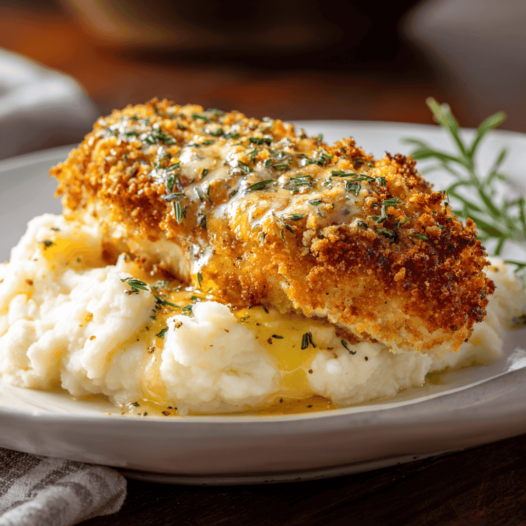 Copycat Longhorn Parmesan Crusted Chicken Recipe 1 Close-up of Longhorn Parmesan crusted chicken with golden breadcrumb crust, served beside creamy mashed potatoes and butter sauce on a white plate — warm, realistic home-style comfort food.