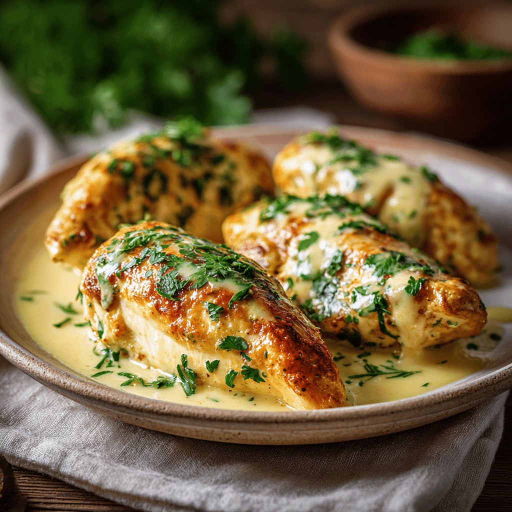Close-up of golden baked chicken breasts with creamy sauce and parsley garnish on a beige plate.