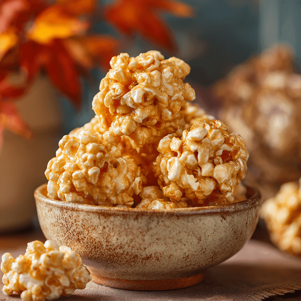 3-Ingredient Soft Chewy Marshmallow Popcorn Balls Recipe 1 Close-up of homemade popcorn balls in a rustic bowl, golden and glossy with buttery texture — perfect sweet and salty fall treat.