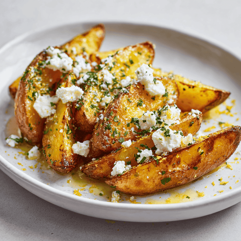 Crispy roasted potatoes topped with feta cheese, herbs, and lemon zest on a white plate — bright natural daylight and minimalist Mediterranean presentation.