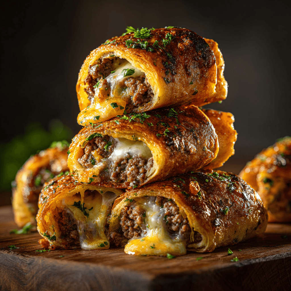 Irresistible Garlic Butter Cheeseburger Rollups: Your New Family Favorite 3 Stacked garlic butter cheeseburger rollups with melted cheese and juicy beef filling, glistening with butter and herbs — dark rustic background, dramatic lighting, perfect hero food shot.