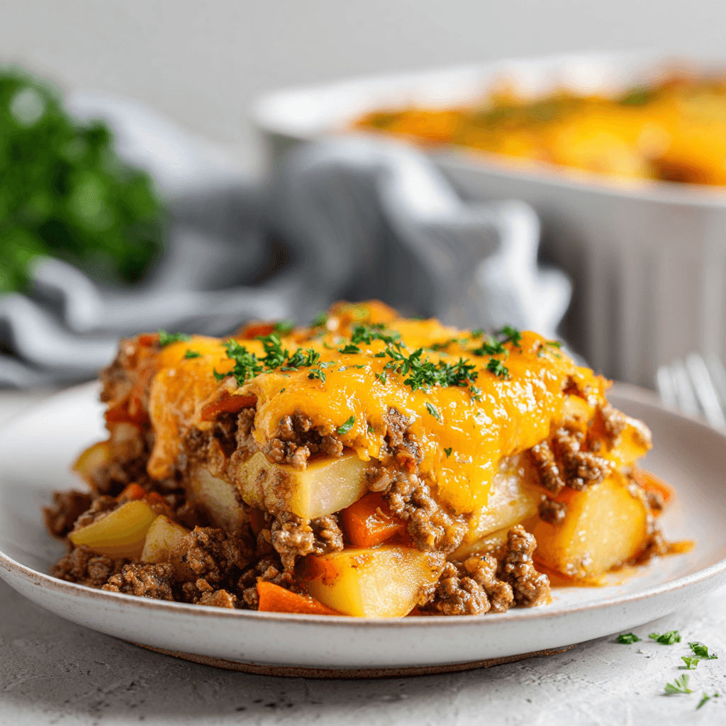 Golden baked Hobo casserole with layers of ground beef, potatoes, carrots, and melted cheese, served on a white plate — realistic homemade comfort food photography in natural daylight.