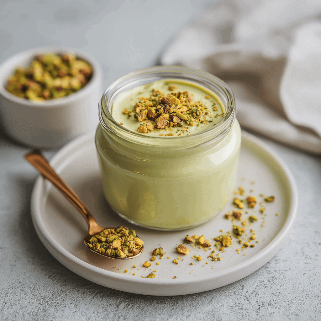 Delicious Homemade Pistachio Cream Recipe (Crema al Pistacchio) 2 White plate with a spoonful of pistachio cream beside a glass jar and crushed pistachios in soft daylight.