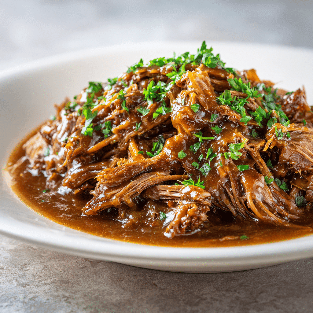 Shredded French onion pot roast with rich brown gravy served on a white plate under soft natural light.