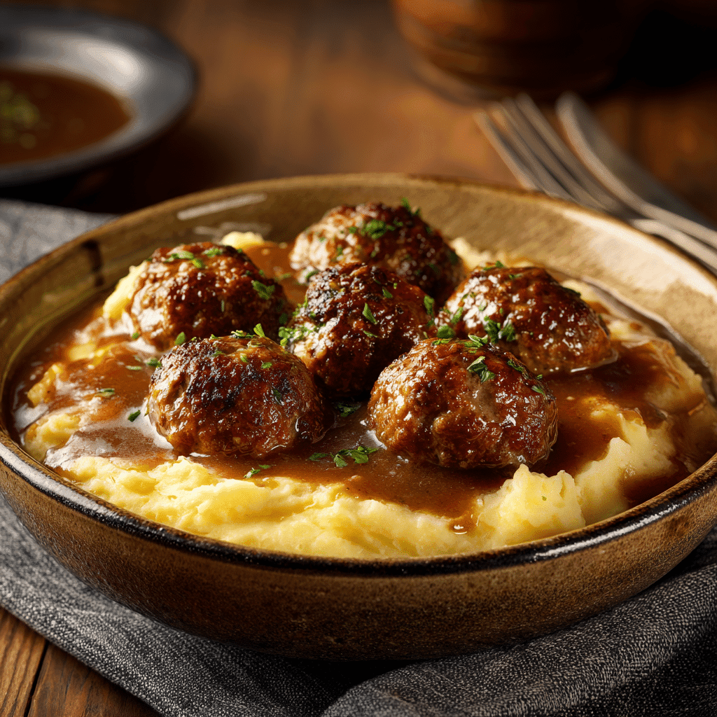 Salisbury steak meatballs in rich gravy over mashed potatoes in a rustic bowl with warm lighting.