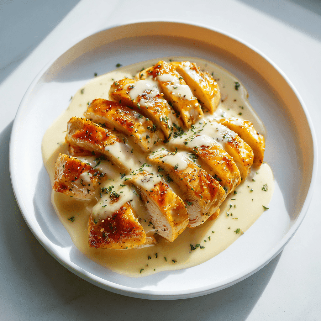 Golden chicken breasts with creamy sauce neatly arranged on a white plate under bright natural light.