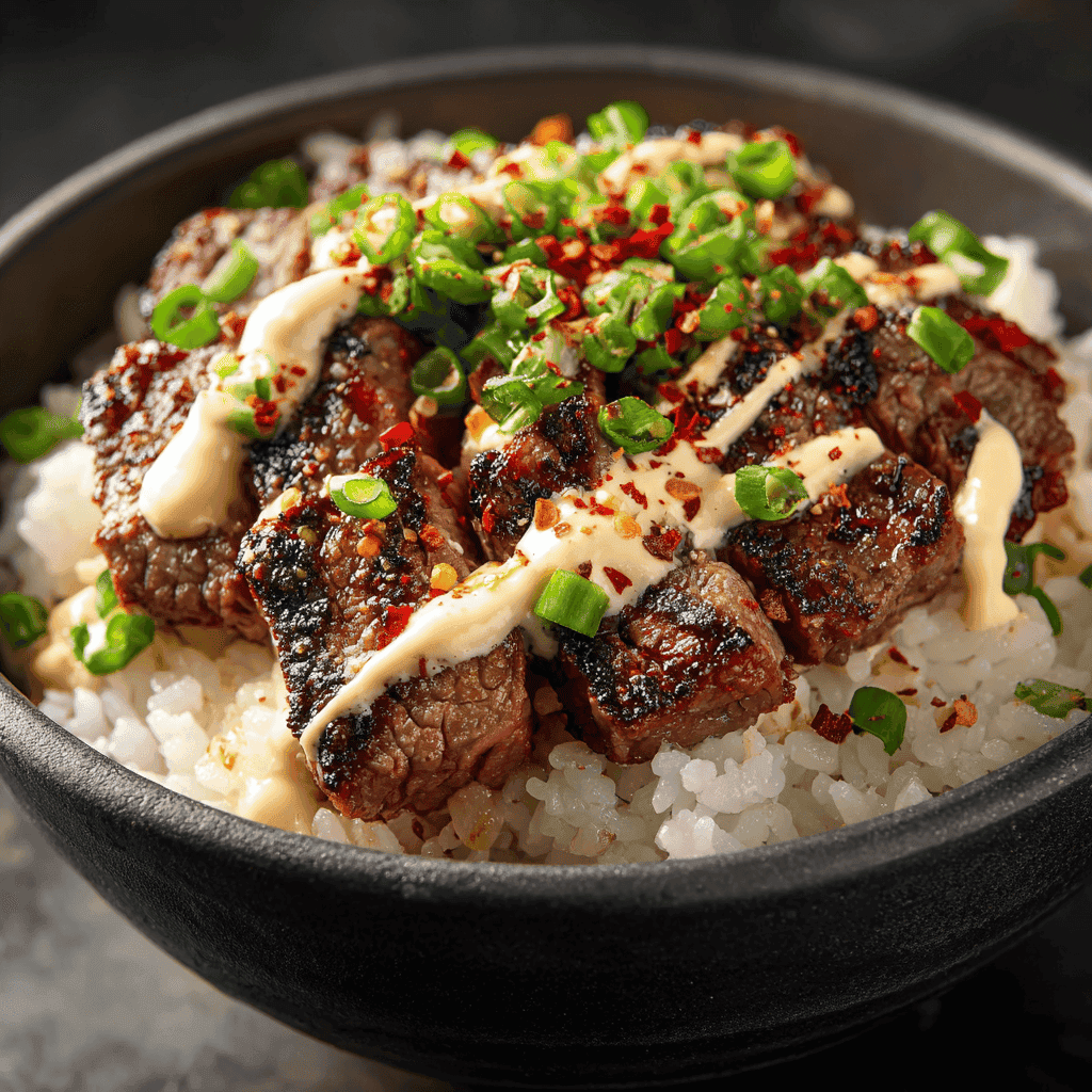Close-up of Korean BBQ steak rice bowl topped with spicy mayo, chopped green onions, and red pepper flakes in a black bowl — juicy grilled steak slices over fluffy white rice in natural lighting.