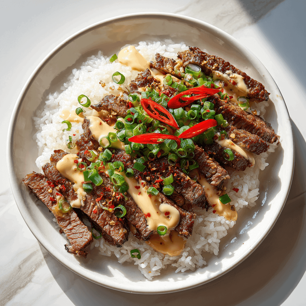 Juicy slices of Korean BBQ steak with spicy mayo drizzle and chopped green onions served on white rice — elegant minimalist plating in bright natural light, realistic food photography.