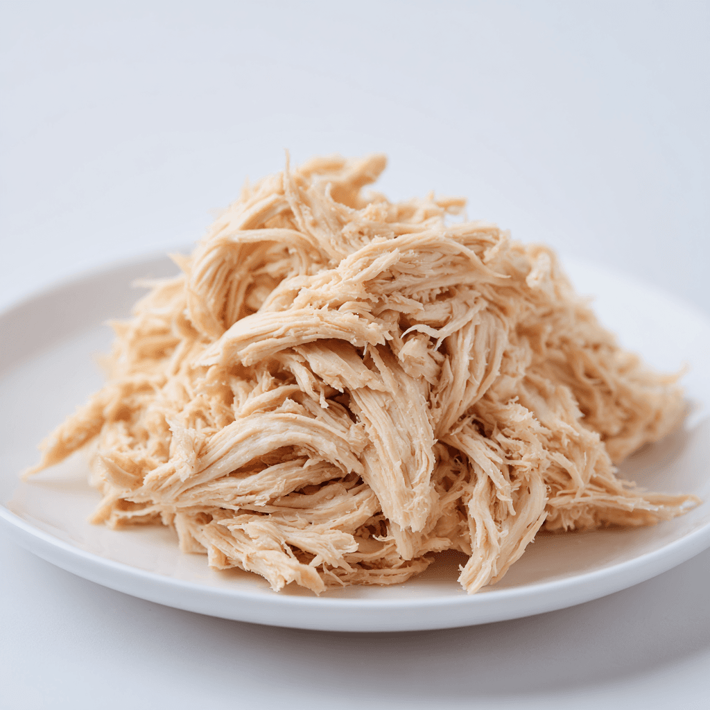 Shredded chicken neatly arranged on a white plate under soft, bright natural lighting.