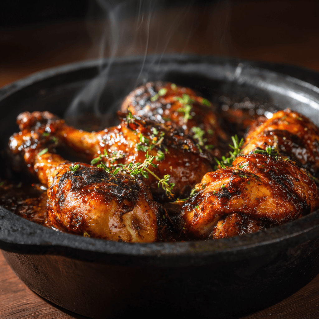 shot of slow cooker chicken drumsticks in a rustic pot with warm lighting and rich glaze.