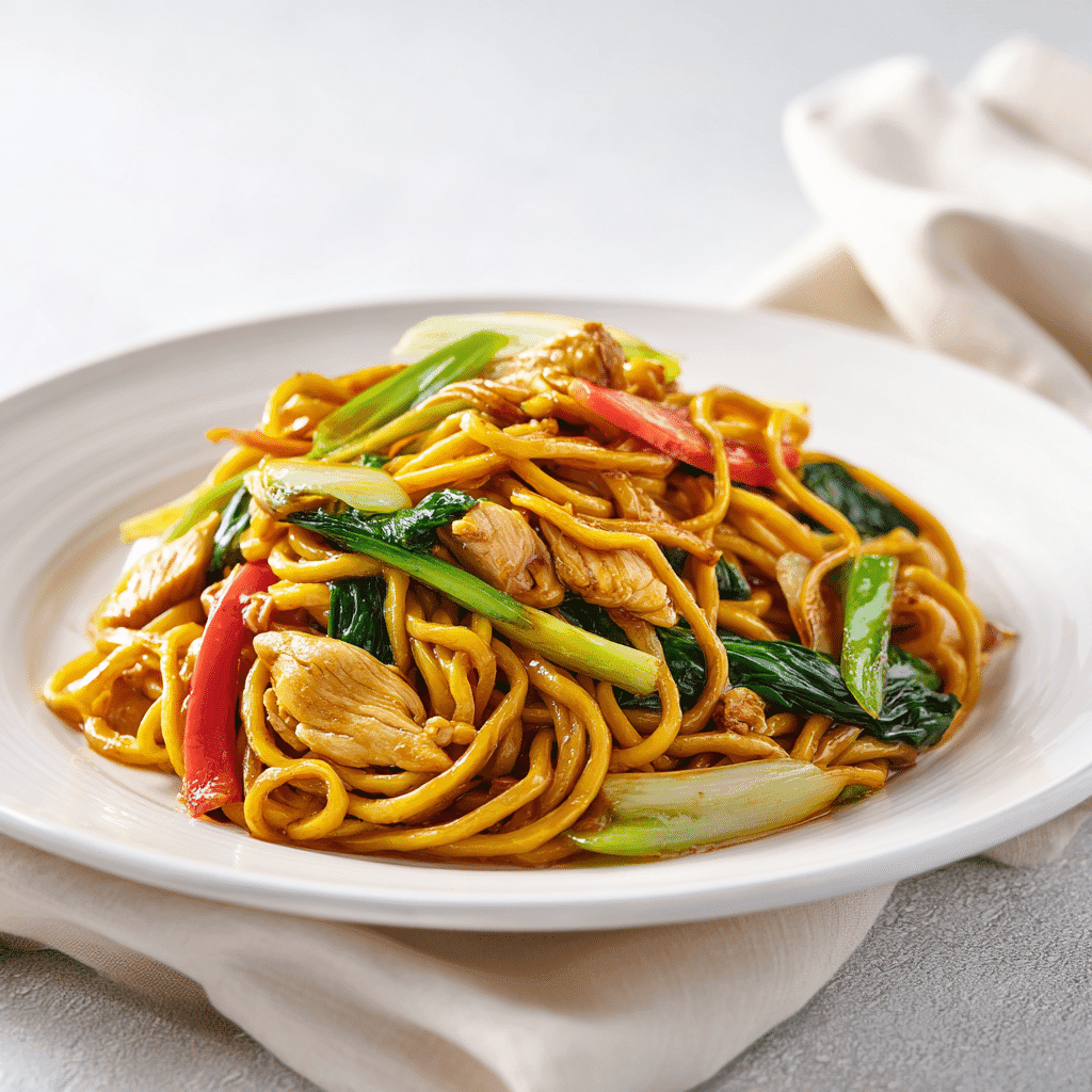 Chicken lo mein with noodles and vegetables served on a clean white plate under bright, natural lighting.